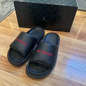 Jordan Black Slides with Red Air Jordan Embroidery